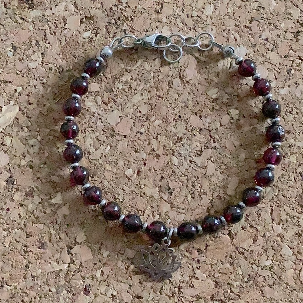 Garnet bracelet stainless steel Yoga Lotus 7-7.25”